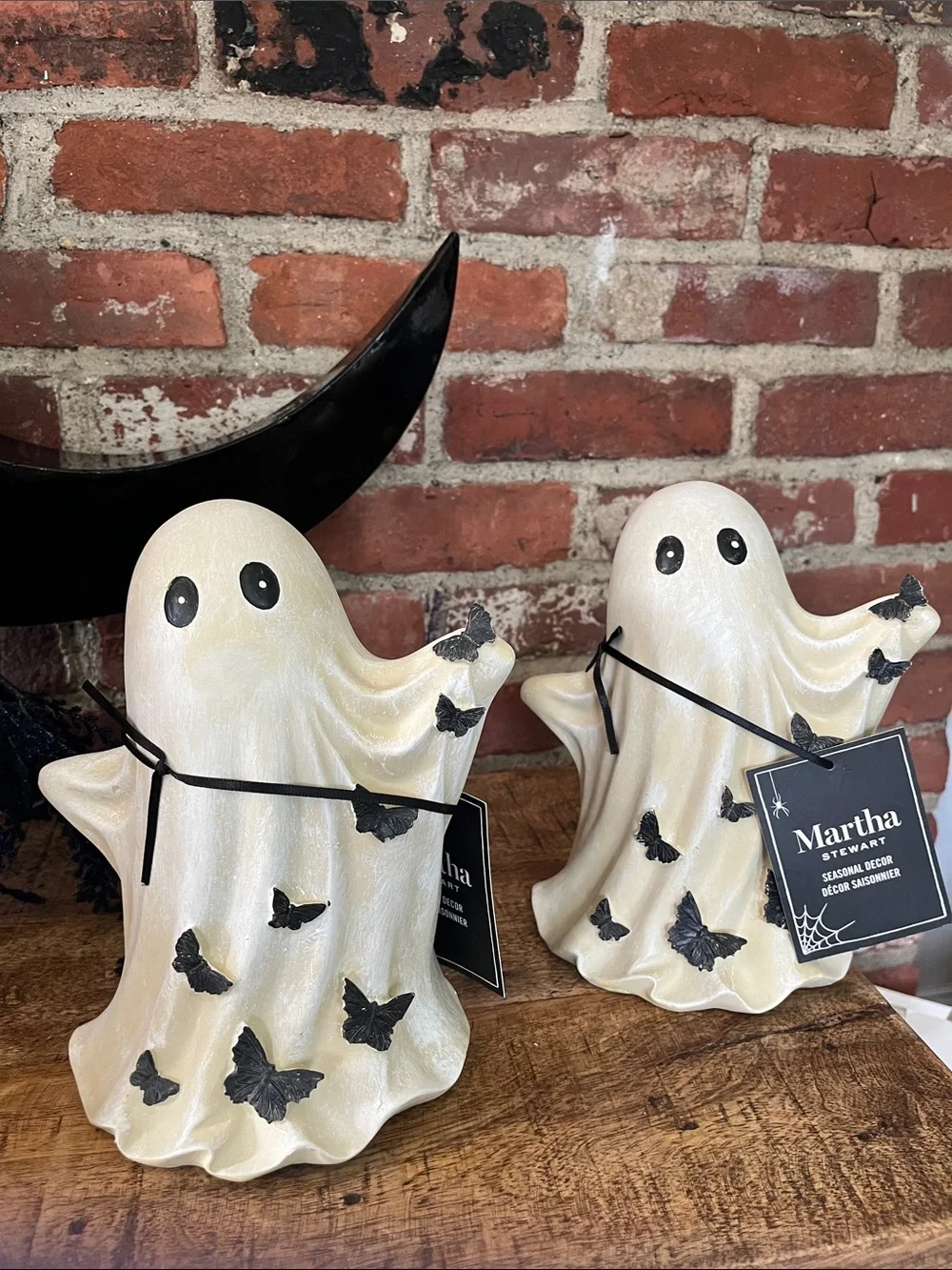 Martha Stewart Pearlescent Cream Ghost Figurines with Black Butterfly Accents